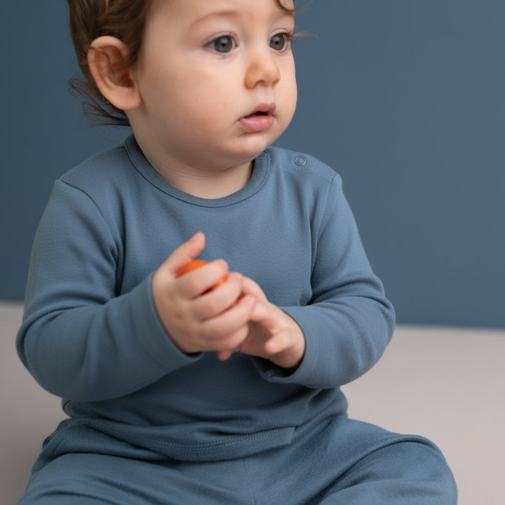 Baby sitting wearing blue organic sustainable babywear 
