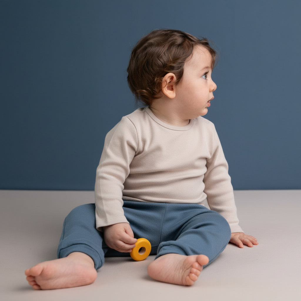 Baby sitting wearing organic To'hum babywear