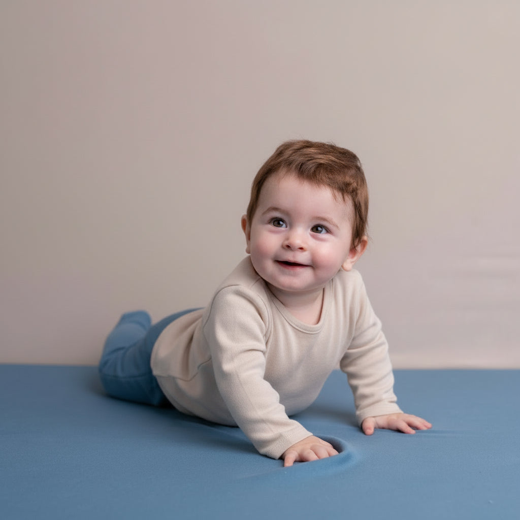 A baby playing wearing a long-sleeve beige t-shirt.