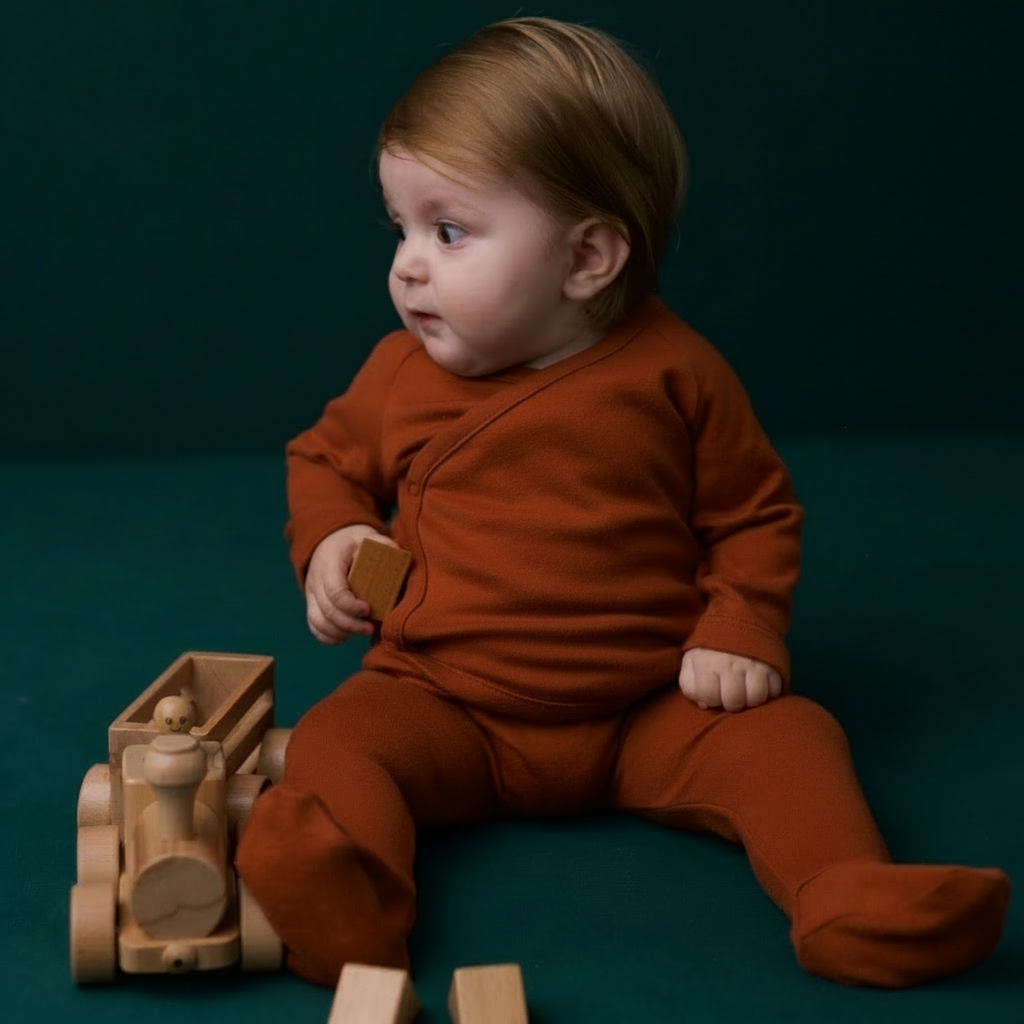 Baby in a organic babywear outfit playing with a wooden toy