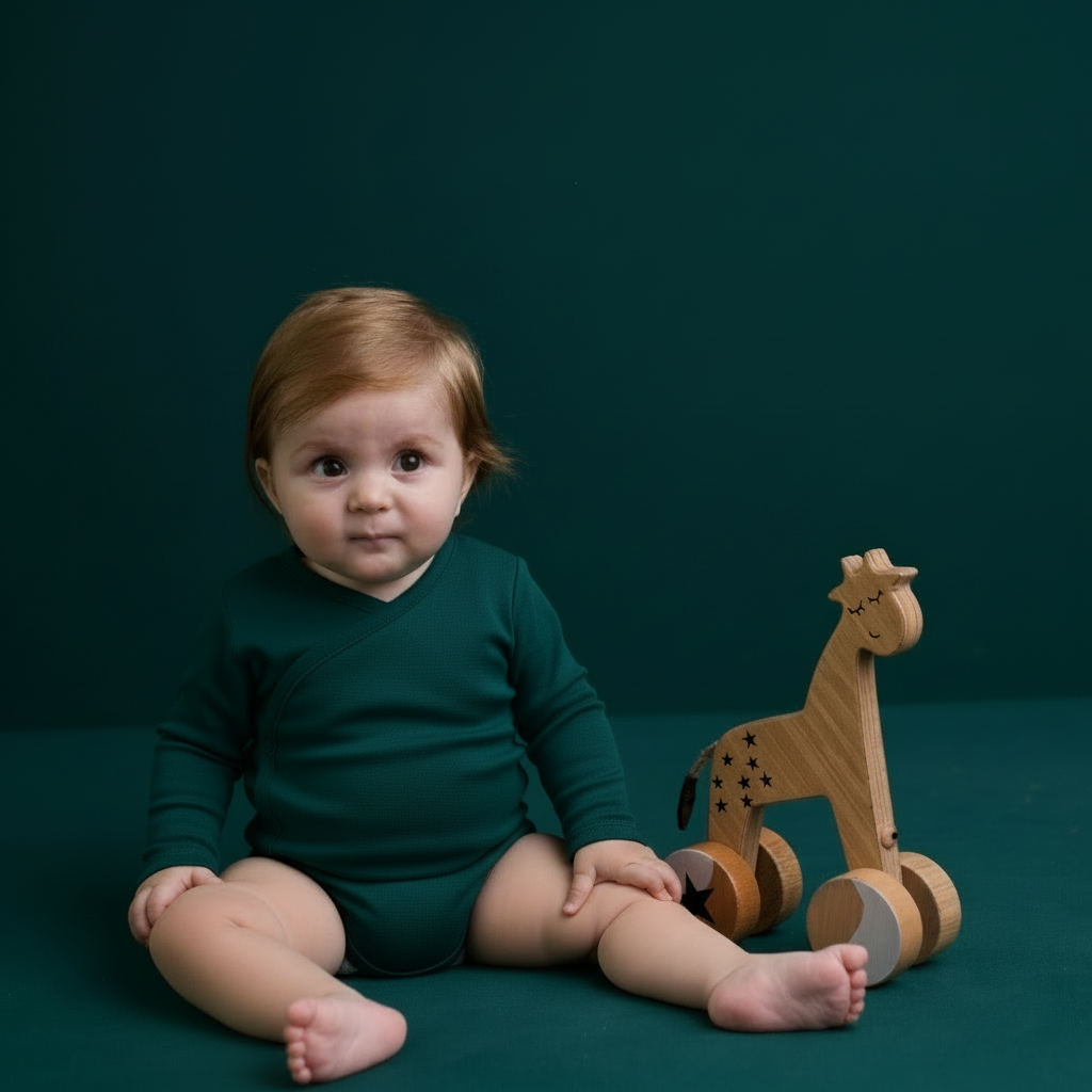A baby wearing a green long-sleeve romper with a cross-body button closure, sitting next to a wooden toy giraffe.