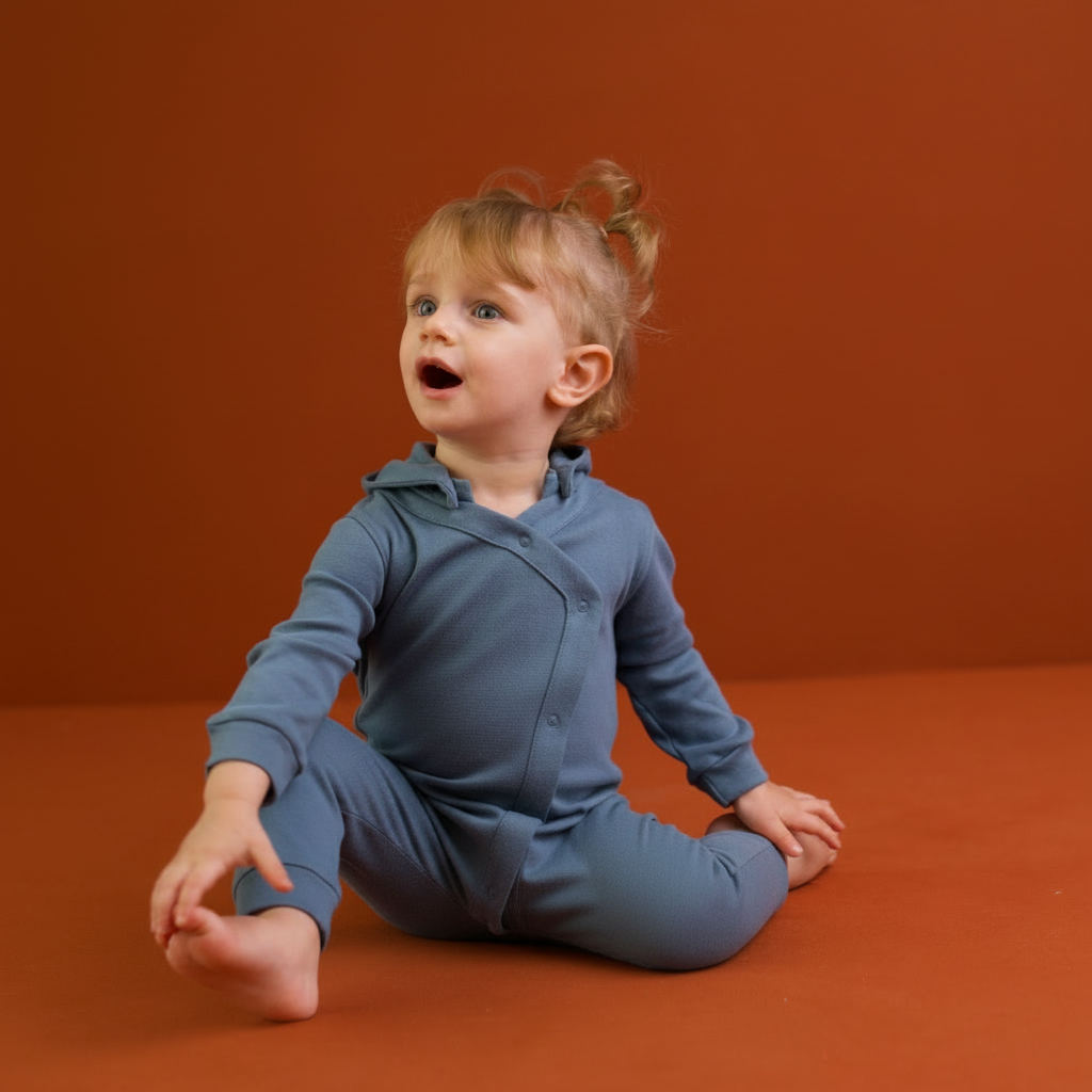 A baby wearing a long-sleeve blue organic cotton hood suit with a zig-zag button closure and a detachable hood, sitting playfull