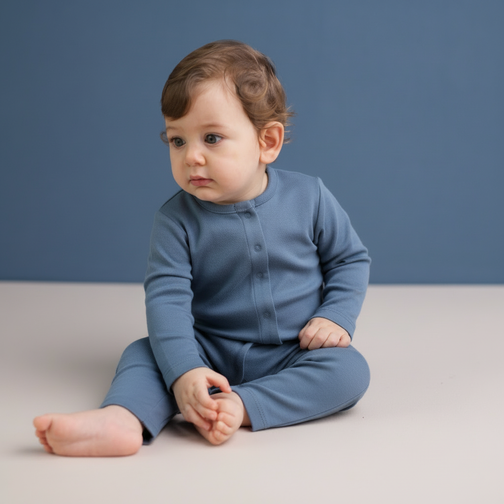 A baby wearing a long-sleeve blue organic cotton playsuit with a button closure, sitting against a blue background.